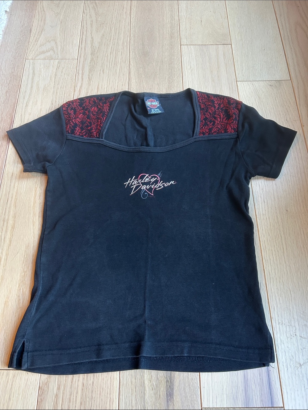 Harley-Davidson Black Short Sleeve Tee with Red Lace Shoulders